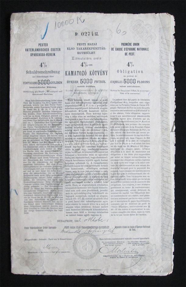 Pesti Hazai Első Takarékpénztár 4% kötvény 5000 forint 1892